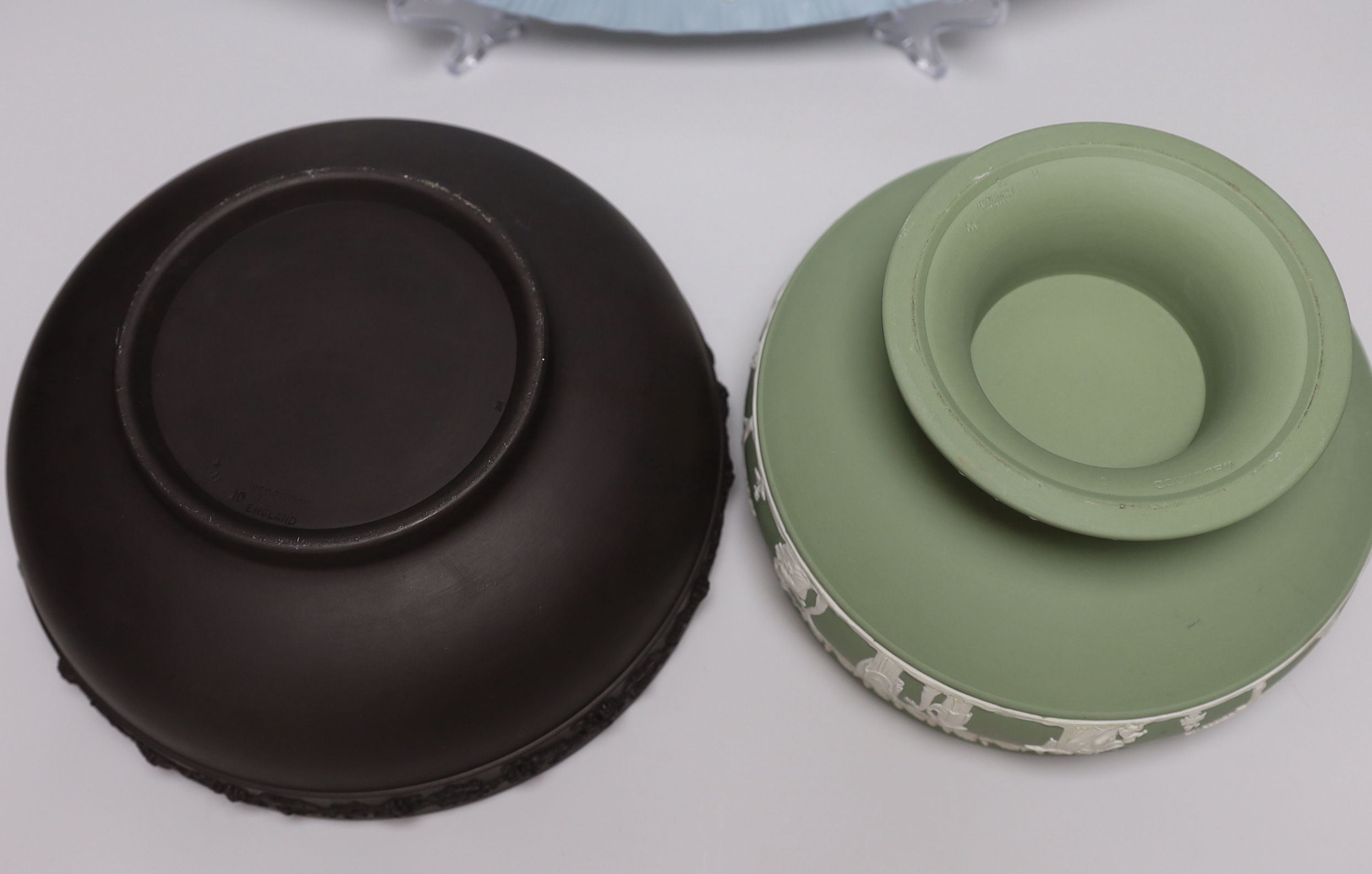 Three Wedgwood Jasperware items, platter, basalt bowl and a sacrifice bowl, largest 41cm long